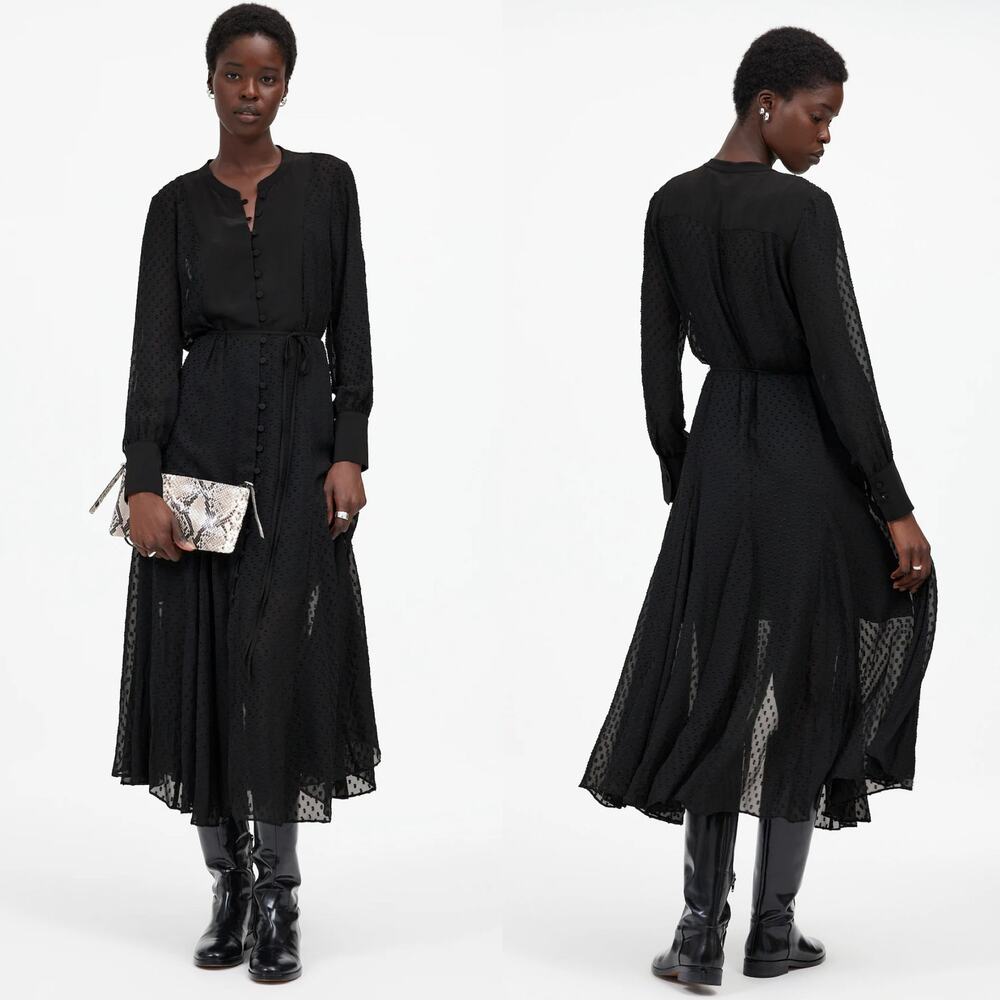 Madewell Tie-Waist Midi Dress in Clip Dot True Black Medium NT380 Sheer Work
